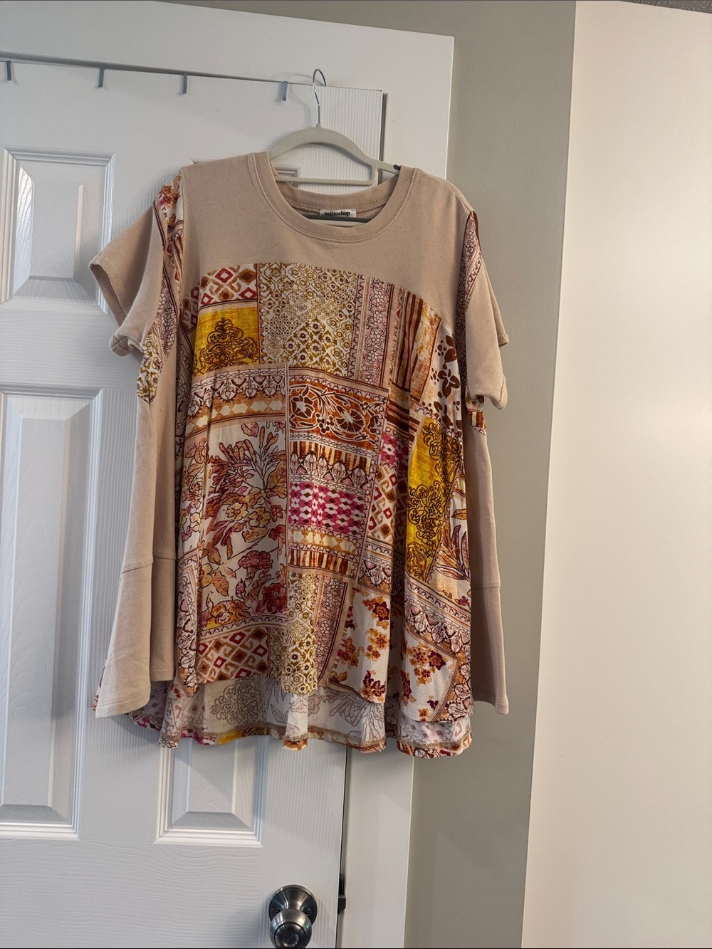 mittoshop Beige Patchwork Panel Short Sleeve Tunic -Very Oversized